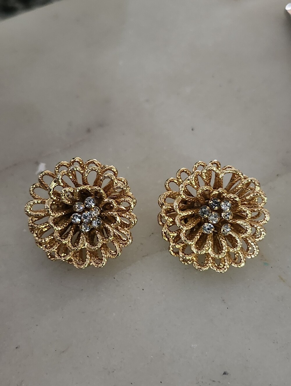 Vtg Coro Crystal Gold Tone Atomic Flower Starburst Clip On Earrings